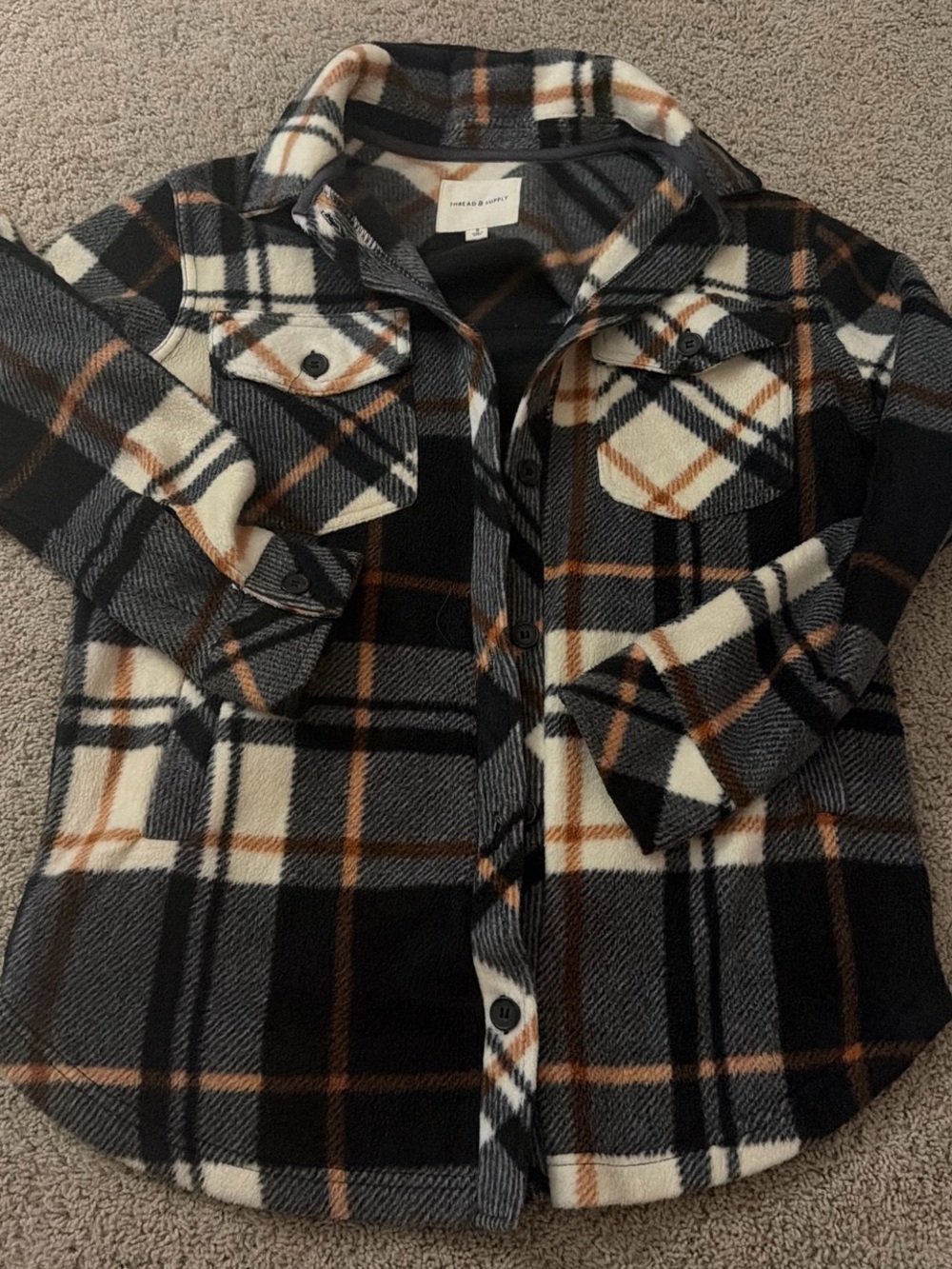 Thread & Supply Black Cream and Brown Plaid Fleece Button-Down Shirt Jacket